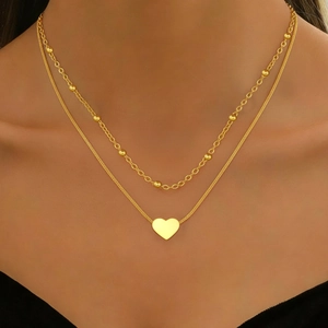 Collier Double Rang En Acier Inoxydable Avec Pendentif Coeur Et Chaîne À Billes Bijoux De Mode Minimalistes Pour Femmes