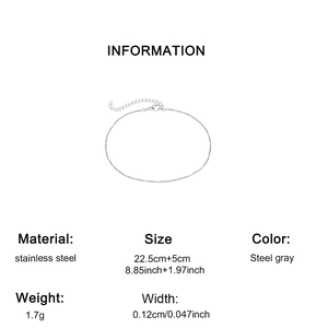 Dimensions détaillées de la chaîne de cheville minimaliste en acier inoxydable gris