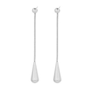 Sleek silver stainless steel teardrop earrings with long snake chain and polished finish