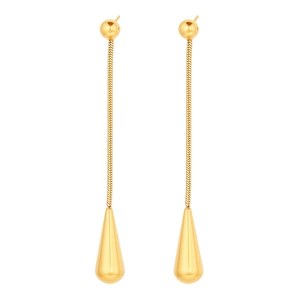 Detailed view of gold teardrop earrings with snake bone chain and round stud design