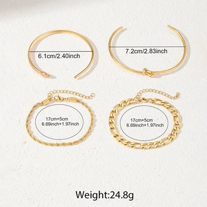 Detailed view of four-piece gold stainless steel bracelet set with length measurements