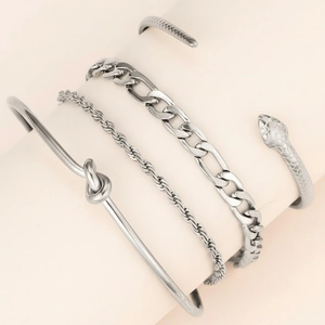 Four-piece silver stainless steel bracelet set with snake cuff and chunky curb chain