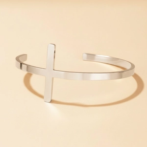 Minimalist silver stainless steel open cross cuff bracelet with adjustable C-shape design