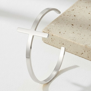 Minimalist silver cross open cuff bracelet in high polished stainless steel for men and women