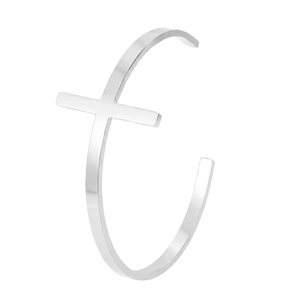 Minimalist adjustable 18K gold plated stainless steel cross cuff bracelet in silver finish