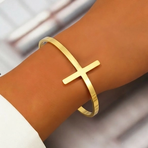 Cross Cuff Bracelet Stainless Steel 18K Gold Plated Open Adjustable Minimalist Religious Jewelry For Women Men