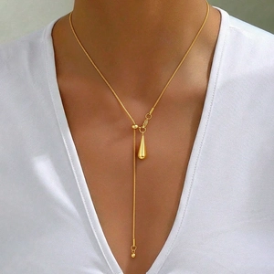 Collier Lariat Minimaliste Avec Pendentif Larme En Acier Inoxydable Chaîne Serpent Ajustable En Y Bijoux De Mode Femme