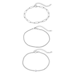 Three-piece silver stainless steel paperclip chain bracelets with zircon accent and lobster clasp