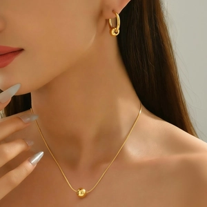 Collier Et Boucles D'oreilles En Acier Inoxydable Minimaliste Pendentif Perle Ronde Polie Chaîne Serpent Pour Femmes
