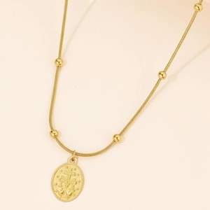 Vintage 18K gold plated bead chain necklace with oval medallion pendant for women