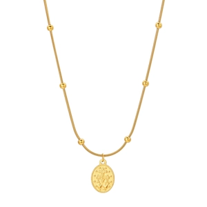 Close-up of 18K gold snake chain necklace with six beads and engraved oval pendant