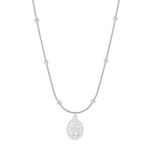 Minimalist silver snake chain necklace with round beads and religious medal pendant
