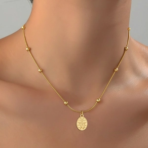 Vintage 18K Gold Plated Stainless Steel Snake Chain Necklace With Oval Religious Medal Pendant Beads For Women Dainty