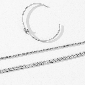 Set di tre bracciali in acciaio inossidabile argento con catena cubana, corda e design a nodo