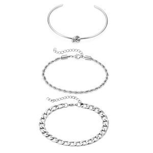 Set di 3 bracciali in acciaio inossidabile argento con polsino annodato e catena cubana