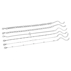 Lot de 6 bracelets punk en acier inoxydable avec pendentif croix et maillons argentés