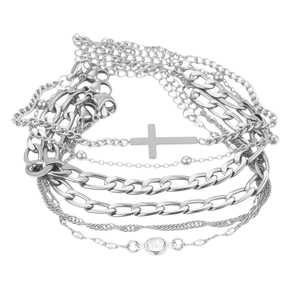 Bracelet multicouche en acier inoxydable argenté avec breloque croix et cristal
