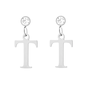 Boucles d'oreilles en acier inoxydable argenté avec zircon clair et pendentif lettre T