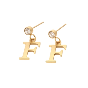 Boucles d'oreilles en acier plaqué or 18K avec pendentif lettre F et zircons ronds