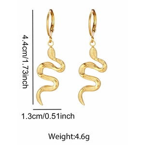 Detail showing 4.4cm snake drop hoop earrings dimensions and gold stainless steel texture