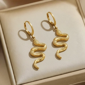 18K gold plated stainless steel snake pendant earrings with textured scales for women