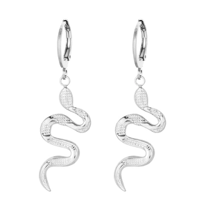 Silver stainless steel snake pendant hoop earrings with detailed scale texture and lever back