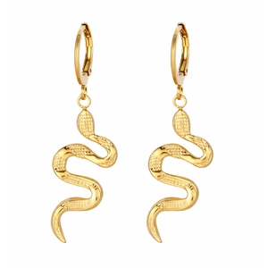 Detail of 18K gold-plated stainless steel snake earrings with textured mesh pattern