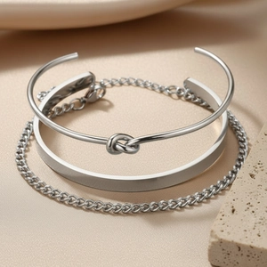 Three-piece minimalist silver stainless steel knot cuff and chain bracelet jewelry set