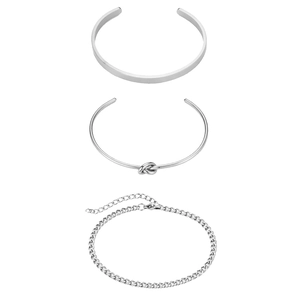 Three-piece stainless steel jewelry set including flat cuff, knot ring and curb chain bracelet