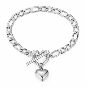 Polished stainless steel heart charm bracelet with Figaro chain and toggle clasp closure