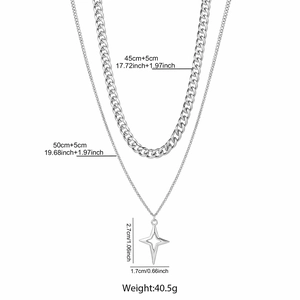 Double-layered silver necklace detail with 45-55cm chain lengths and star pendant specs