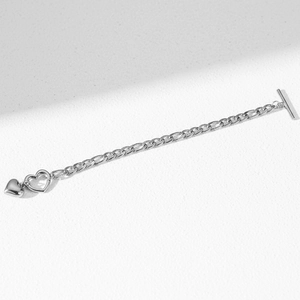 Elegant stainless steel heart charm bracelet with T-bar toggle and Figaro chain link style