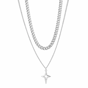 Double layered hip-hop necklace with thick Cuban chain and hollow star pendant detail