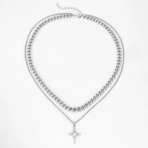 Double layered Cuban link necklace with a silver star pendant for hip-hop fashion style