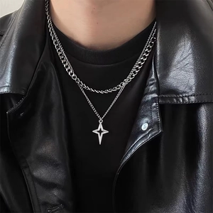 Double Layer Stainless Steel Necklace Cuban Link And Hollow Four Pointed Star Pendant Hip Hop Streetwear For Men