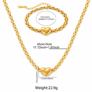 Detailed size view of gold titanium heart necklace and bracelet set with dimensions