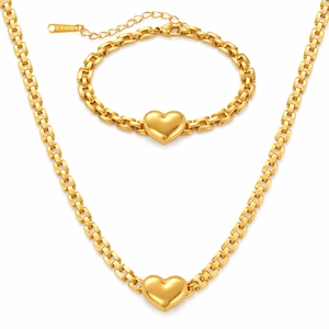 Gold stainless steel jewelry set with chunky chain links and 3D heart pendants
