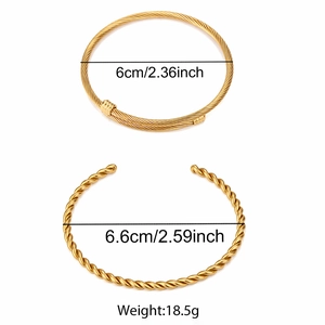 Detail showing two gold twisted rope bracelets with measurement specs and 6cm diameter