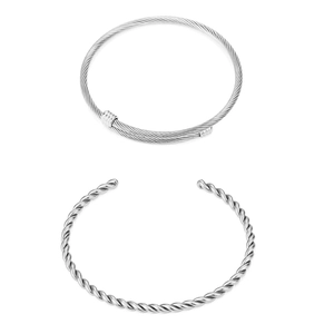 Minimalist silver stainless steel twisted wire cuff and bangle set for women