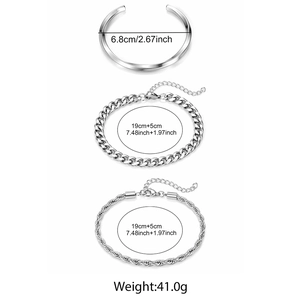 Detailed view of 3-piece silver stainless steel Cuban chain and twisted cuff bracelet set