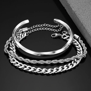3-piece silver stainless steel jewelry set with cuff bangle, wheat chain, and cuban bracelet