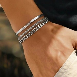 Stainless Steel Cuban Link Rope Chain And Twisted Cuff Bracelet Jewelry For Men Silver Color Trendy Accessories