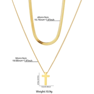 Detailed size chart of layered gold snake chain and cross pendant necklace measurements