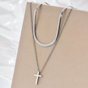Double layered stainless steel necklace with flat snake chain and cross pendant