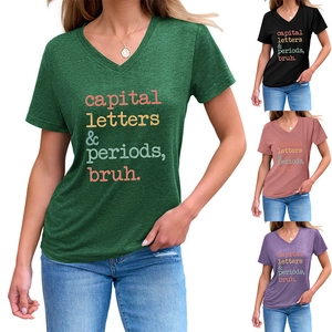 Detail of V-neck short sleeve t-shirts with graphic print in multiple color options