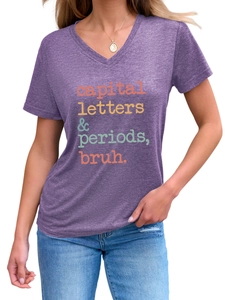 Close-up of heather purple V-neck T-shirt with vintage capital letters slogan print