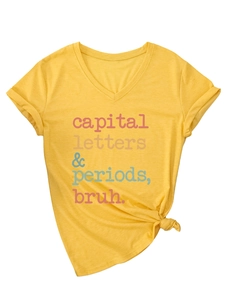 Detail of yellow V-neck t-shirt with capital letters & periods text and stylish hem knot
