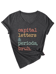 Detail of V-neck grey heather T-shirt featuring retro text and side knot styling