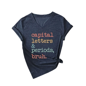 Women's V-neck short sleeve T-shirt in heather navy with capital letters print and front knot