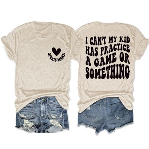 Front and back view of sand sports mama t-shirt with i can't my kid has practice text